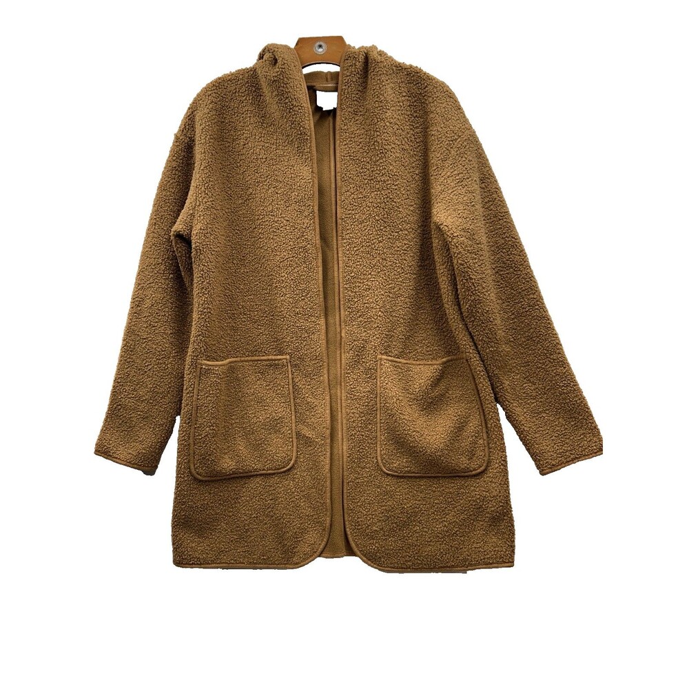 Joie Women's Size M Borg Teddy Sherpa Hooded Open Cardigan Jacket Brown Fleece